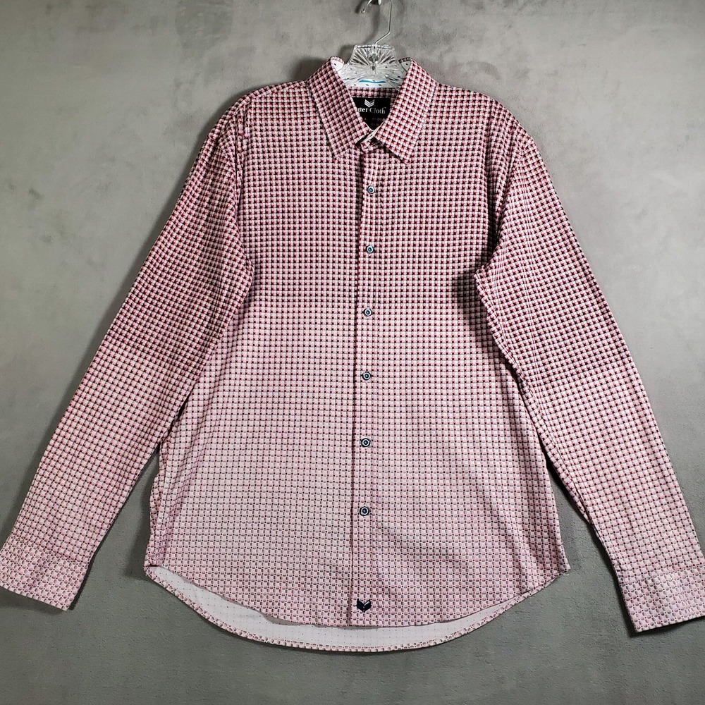 Butter Cloth Shirt Mens L Pink Red Tonal Geometric All Over Print‎ Flip Cuff - Picture 2 of 8